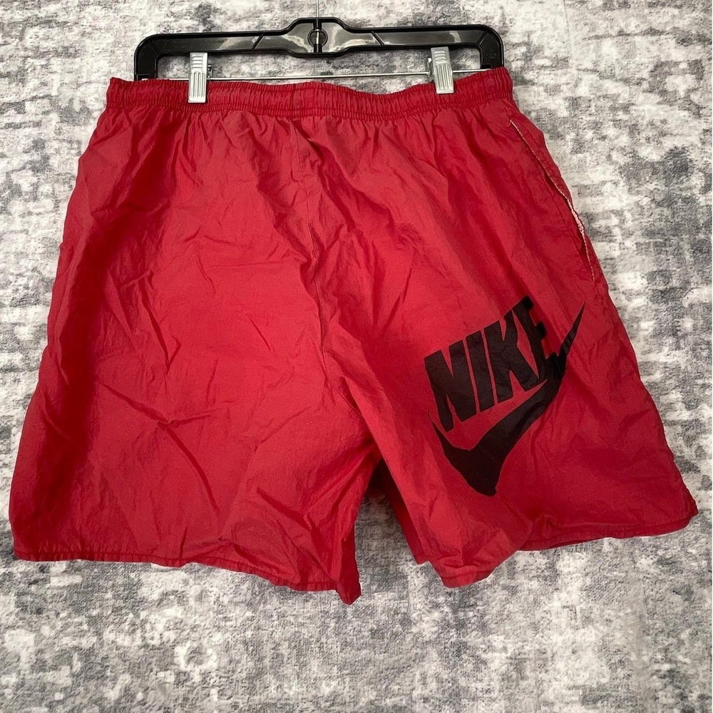 Vtg Nike Mens M Nylon Shorts 90s Solid Red Big Logo Mesh Lined Swim Streetwear